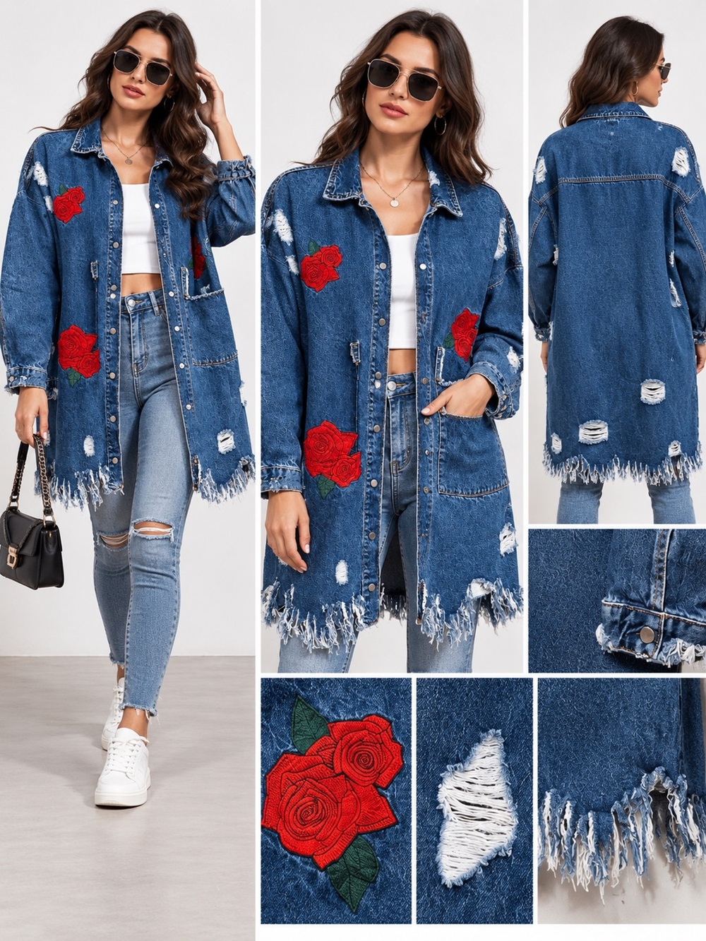 Zara TRF Distressed Denim Jacket - Rose Embroidered - NWT
